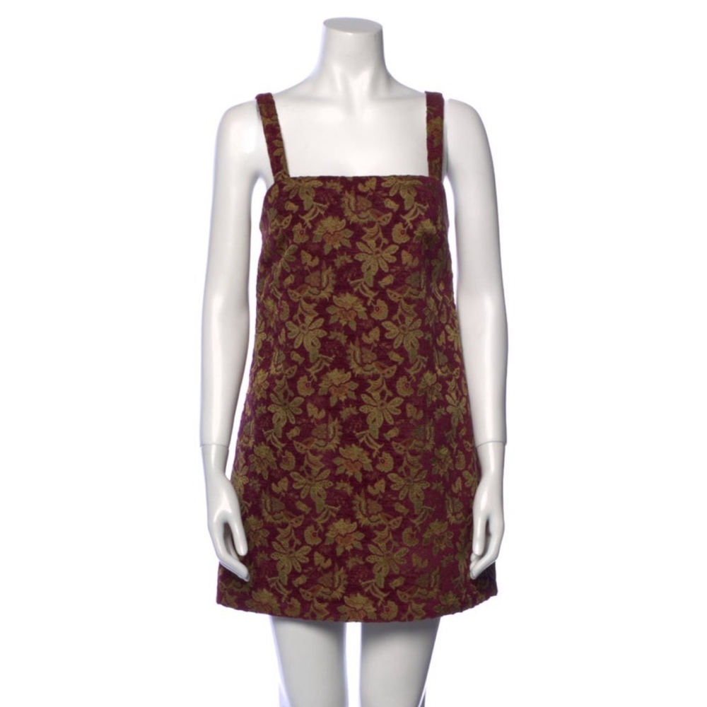 STAUD Floral Brocade Dress in Burgundy and Gold